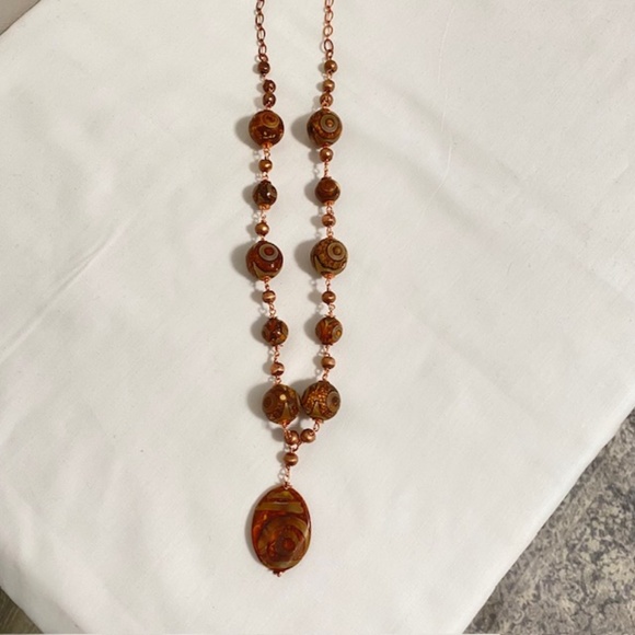 Artisan Tibetan Natural Dzi Agate Beads Copper Links Necklace Size 14" - Picture 6 of 8